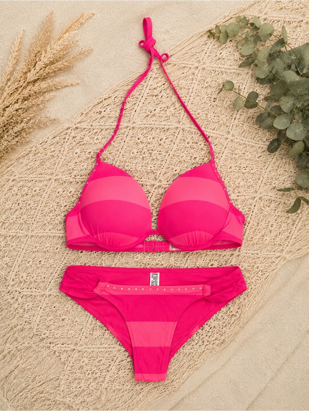 PINK Victoria's Secret Hot Pink Striped Halter Bikini Set